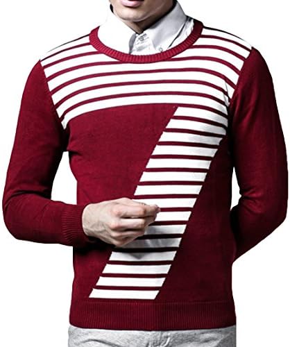 FGYP Men's Handsome Striped Cotton Fall Red Knit Wool Sweater 3XL
