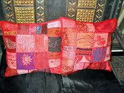 2 Flame Orange Patchwork Embroidered Sari Cushion Covers Bed Pillows