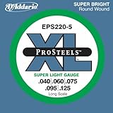 D'Addario EPS220-5 5-String ProSteels Bass Guitar Strings, Super Light, 40-125, Long Scale