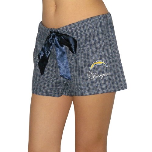 Womens NFL San Diego Chargers Plaid Cotton Pajama Lounge Shorts with Embroidered Logo - Grey & Blue (Size: S)