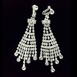 Bridal Princess Wedding Prom Elegant Dangling Tassel Chandelier Crystal Rhinestone CLIP-ON EARRINGS