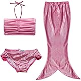 iEFiEL Girls 3pcs Swimmable Princess Mermaid Swimsuit Open Tail Hair Band (5-6, Ruched Top Pink)
