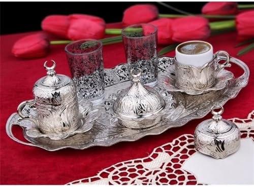 Traditional Turkish Ottoman Copper Coffee Set for two with oval tray