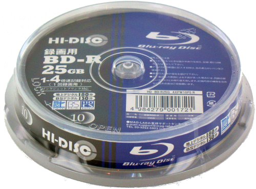 HIDISC 録画用ブルーレイディスク 追記型 25GB 4倍速対応 スピンドルケース10枚パック HD BD-R25G 4XPW10PS R