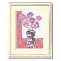 《版画》波目模様の花瓶とピンクとパープルの花束 大衣(509×394mm)