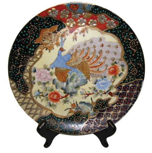 Decorative Chinese hand painted porcelain plate with gold filigree - Peacock