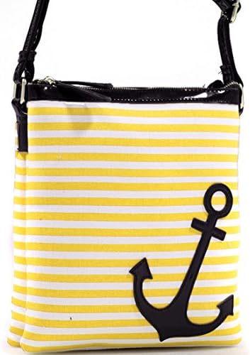 Dasein Anchor Canvas Striped Messenger Bag with Adjustable Patent Shoulder Strap - Yellow Stripes/ Black Trim
