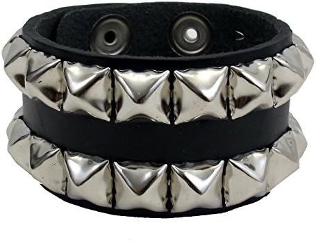 Black Cuff Bracelet Genuine Leather Unisex Pyramid Silver Studs Wristband Made in USA