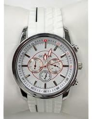 White Large Face Watch. Chronograph Look Large, Thick Face. Textured Band with Printed Black Strip. Handles Are White and Red. Color of Face Coordinates with Color of Band. Gift Box Included for Easy Gift Giving.