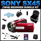 Sony DCR-SX45 Handycam Camcorder (Red) (16GB Beginner Bundle Kit) includes NP-FV70 Charger, NP-FV70 Battery, 16GB SD Memory, Carrying Case, Full Size Tripod, USB Card Reader, Card Wallet, Cleaning Kit - (DCRSX45/R)