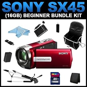 Sony DCR-SX45 Handycam Camcorder (Red) (16GB Beginner Bundle Kit) includes NP-FV70 Charger, NP-FV70 Battery, 16GB SD Memory, Carrying Case, Full Size Tripod, USB Card Reader, Card Wallet, Cleaning Kit - (DCRSX45/R)