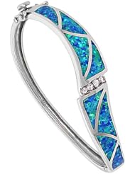 Sterling Silver Bangle Bracelet Synthetic Opal Inlay w/ CZ stones 7/16 inch (11 mm) wide