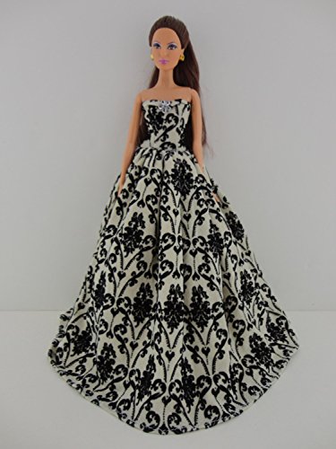 Brilliant White Gown with Black Velvet Accents on the Lace Made to Fit the Barbie Doll