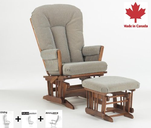 Dutailier Horseshoe Back Design 2 Post Glider Multiposition, Recline and Ottoman Combo, Linway Teal Blue/Beige Stripe