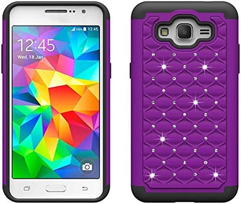 Grand Prime Case, Sophia Shop Hybrid Stud Rhinestone Bling Armor Defender Case Cover with Dazzling Diamond For Samsung Galaxy Grand Prime(Purple+Black)