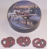Scott's Cakes 1 lb. Dark Chocolate Covered Pretzel with Christmas Jimmies & Chocolate Chips in a Sleigh Ride Tin