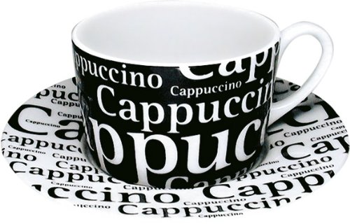 Konitz Cappuccino Writing On Black 7-Ounce Cups and Saucers, Set of 2, Black
