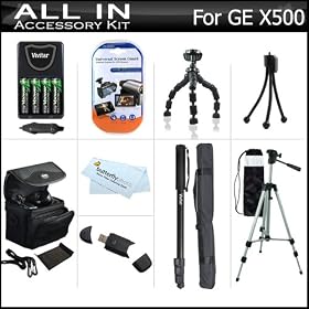 All In Accessories Kit For GE POWER Pro series X500, X5 Power Pro Digital Camera Includes 50 Tripod + 67 Monopod + 7 Flexible Tripod + 4AA High Capacity Rechargeable NIMH Batteries + AC/DC Rapid Charger + Deluxe Carrying Case + Screen Protectors + More
