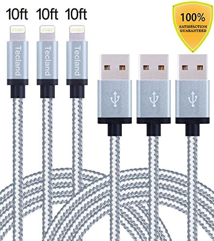 Tecland 3 Pack 10ft iphone 8pin Nylon Braided lightning cords to USB Cable for iPhone 6s, 6s plus, 6plus, 6,5s 5c 5,iPad Mini, Air,iPad5,iPod. (Sliver &amp; gray)