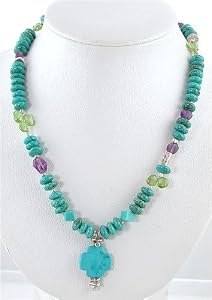 Southwestern Style Turquoise, Amethyst, Peridot Gemstone and Sterling Silver Bead Necklace with Cross, 19" Length, #8608