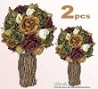 TWO 12" Artificial Rose Topiary Flower Arrangement _Orange Green