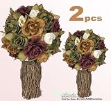 TWO 12" Artificial Rose Topiary Flower Arrangement _Orange Green