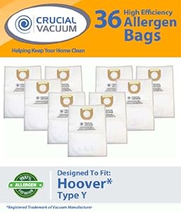   36 Hoover WindTunnel Type Y Vacuum Bags - Allergen Filtration with Closure - Compare With Hoover Part # 4010100Y, 4010801Y, 43655082; Designed & Engineered By Crucial Vacuum