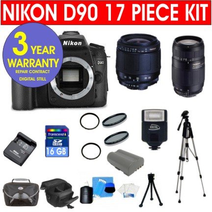Nikon D90 12.3 MP Digital SLR Camera with Tamron 28-80mm f/3.5-5.6 Aspherical Lens + Tamron 75-300 f/4-5.6 LD Lens + 16 GB Memory Card + Multi-Coated UV Filter (2) + Multi-Coated Polarizer Filter + Digital Slave Flash + 50" Tripod + Deluxe Padded Camera Bag + 6 Piece Accessory Kit + 3 Year Warranty Repair Contract