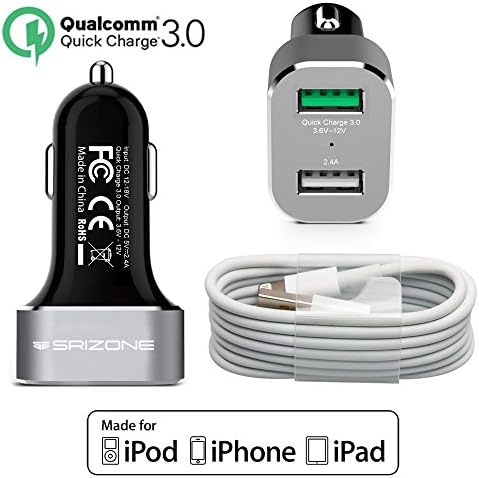 iPhone Car Charger, SRIZONE® [Qualcomm Certified] Quick Charge 3.0 30W Dual Port USB Vehicle Charger (Silver) + 3ft [Apple MFI Certified] Lightning Cable (White) for iPhone 6 6S Plus SE 5S 5C 5 4S iPod