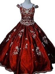 Girls Off the Shoulder Spaghetti Strap Organza Floor Length Sequined Crystals Lace Crystal Pageant Dress 