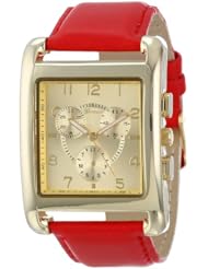 Geneva Womens 2377-K-GEN Gold-Tone and Red Faux Leather Square Oversized Boyfriend Watch