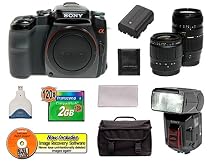 Sony Alpha A100 10.2MP Digital SLR Camera Kit + Tamron 28-80mm AF Lens + Tamron 70-300mm Di AF Lens + Sony Alpha HVL-F36AM Flash + Transcend 2GB 120X CompactFlash Card + USB Card Reader + Spare Replacement Battery for Sony NP-FM55H + Deluxe SLR Gadget Bag