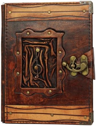 Music Note Pendant Refillable Leather Journal / Diary / Lock / Brown / Notebook / Plain Paper Book Women Men Children Office Work