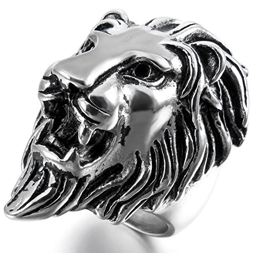 Men's Stainless Steel Ring Band Silver Black Stunning Lion Gothic Biker