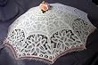 White Battenburg Lace Parasol Fringed with Pink Beads