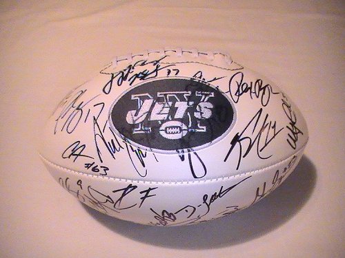 2011 NEW YORK JETS TEAM SIGNED AUTOGRAPHED FOOTBALL MARK SANCHEZ , DARRELLE REVIS COA + HOLOGRAM