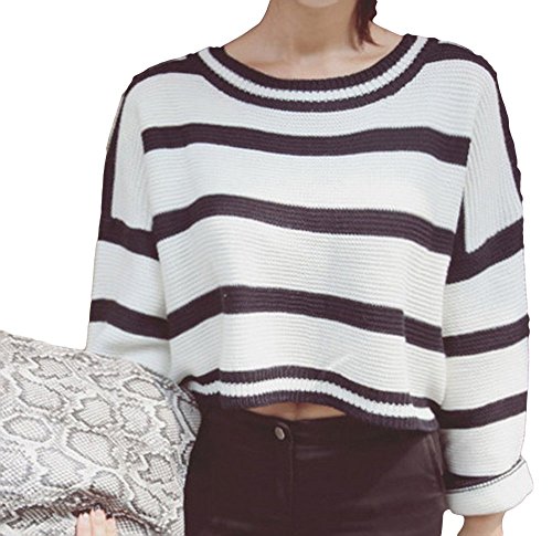 [CASA ROSADA] クロップドトップス プルオーバー ドロップドショルダースリーブ 長袖 ボーダー ホワイト オリジナルブレスレットセット