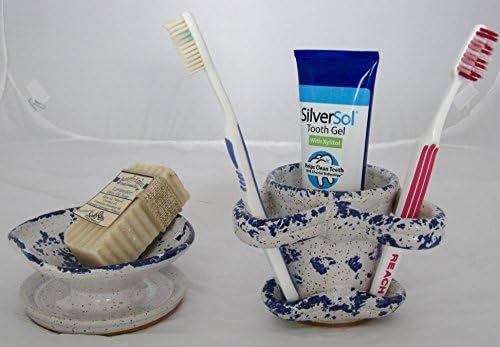 Stoneware set of soap dish and tooth brush holder.