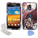 White Purple Flower Blue Butterfly Garden Design Rubberized Snap on Hard Shell Cover Protector Faceplate Cell Phone Case for Sprint Samsung Epic Touch D710 Galaxy S II S2 + LCD Screen Guard Film + Mini Adjustable Phone Holder Stand + Prying Tool
