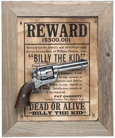 Old West Billy The Kid Replica Revolver Barn Wood Frame Set