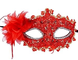 New Lace with Rhinestone Liles Venetian Party Masquerade Halloween Costume Mask (Red)