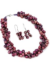 Women's Sterling Silver Purple Fresh Water Pearl Beaded Necklace and Earring Set