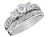 Three Stone Diamond Engagement Ring & Wedding Band Set 1 Carat (ctw) in 14K White Gold