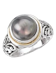925 Silver & Black Pearl Filigree Ring with 18k Gold Accents- Sizes 6-8