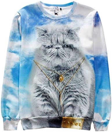 3D Animals Sweatshirt Funny Cat Print Clouds Long Sleeve Men Women Hoodie (L)