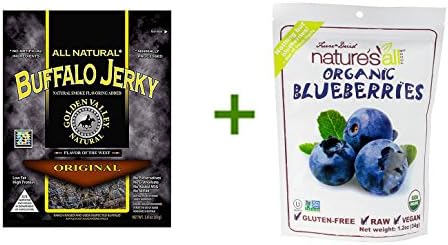 Golden Valley Natural Buffalo Jerky Low Fat Original -- 3 oz, (2 PACK), Nature's All Foods Organic Freeze-Dried Raw Blueberries -- 1.2 oz