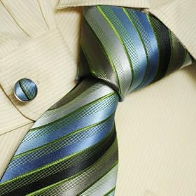 Blue Striped Mens Dress Ties Green Stripes Valentine Gift for Him Fashion Silk Tie Cufflinks Set 5217