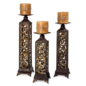 Set of 3 Ornate Leaf Cutout Design Pillar Candle Holders by CC Home Furnishings