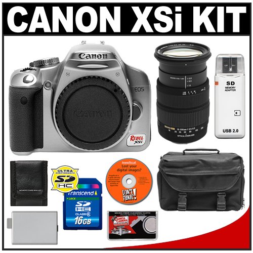 Canon Digital Rebel XSi Digital SLR Camera (Silver) & Sigma 18-200mm Optical Stabilizer Zoom Lens + 16GB Card + LP-E5 Battery + Case + Cameta Bonus Accessory Kit