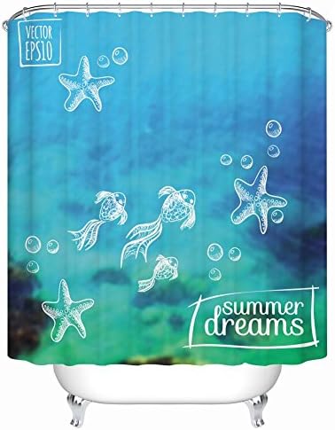 Beautiful Unique Undersea Goldfish Starfish Bubble Polyester Fabric Shower Curtain 70inch Wx78inch L Blue